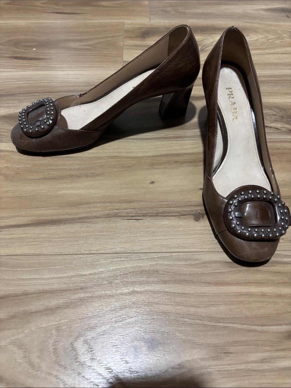 Prada Brown Leather Studded Buckle Heel